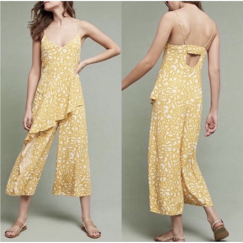 Anthropology Maeve Brittany Jumpsuit Cropped Size 12 Yellow White‎ Coastal Boho